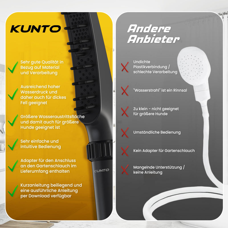 KUNTO® dog shower head - dog shower shower head - dog shower with four jet types - dog shower head with silicone bristles for effective grooming - mobile outdoor dog shower with garden hose adapter - BeesActive Australia