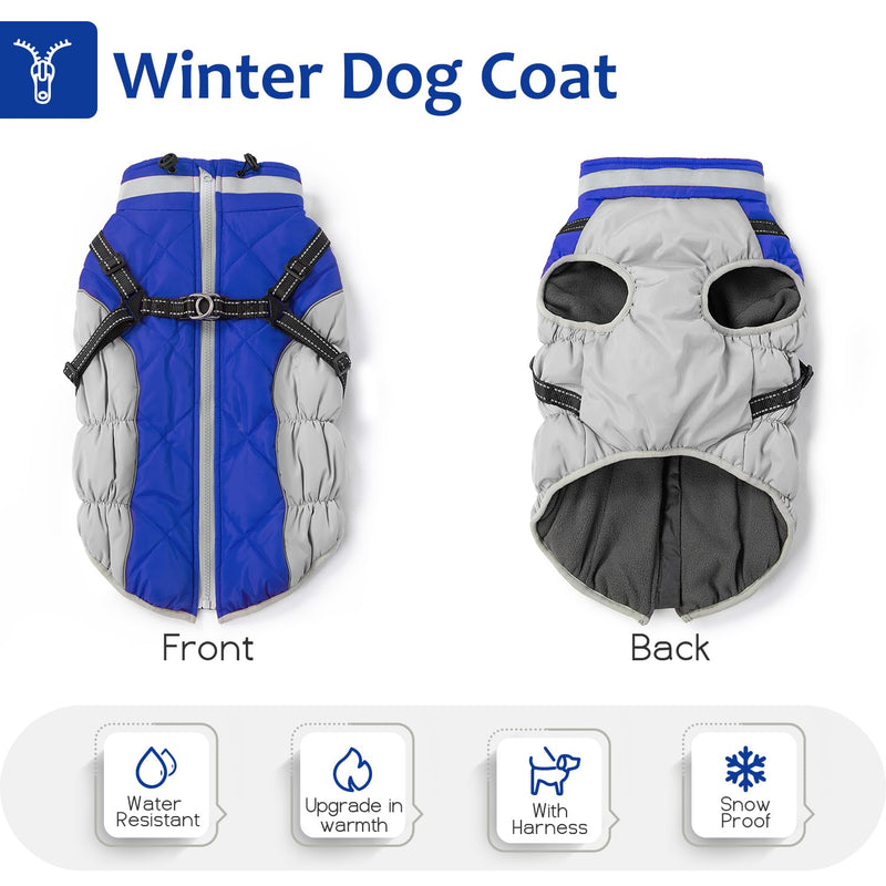 Dog Winter Coat with Harness, Dog Jacket, Dog Clothes with Zipper on Back, Waterproof Windproof Warm Vest, Reflective Cold Weather Coats, for Small Medium Large Dogs, Thick (Blue,L) L(Chest Girth:25.19"/64CM) Blue - BeesActive Australia