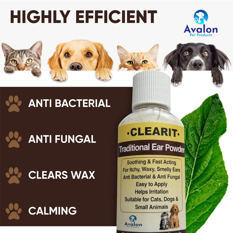 Avalon Pet Products CLEARIT 2 x 20G Ear Powder for Dogs & Cats – Anti Bacterial & Anti Fungal Powder Supports Yeast Control, Itching, Wax Build-Up & Odour - Helps Keep Ears Dry, Fresh & Comfortable 20 g (Pack of 2)