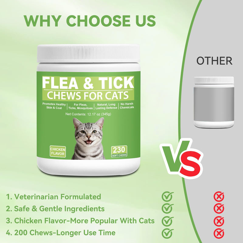 Cat Flea and Tick Chewables for Cats 230Ct, Natural Support Supplement, Flea Supplement for Cats, Flea and Tick Chews for Cats Kitten, All Breeds & Sizes, Digestive Health Chicken Flavor