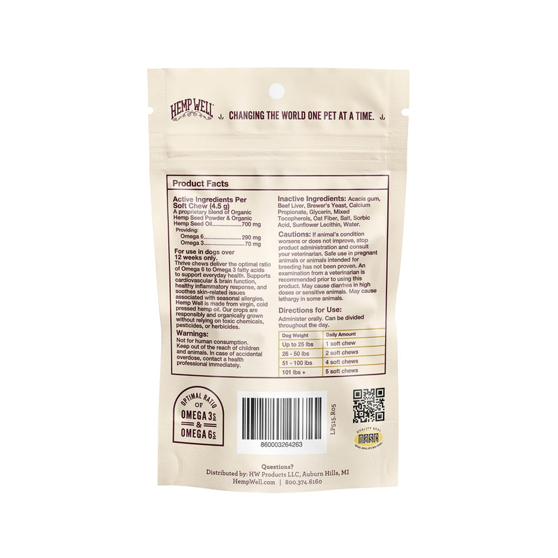 Hemp Well Thrive Chews for Dogs – Support Hip, Joint, and Heart Health, Promotes Immune and Skin Health, Organic. – 8 Count
