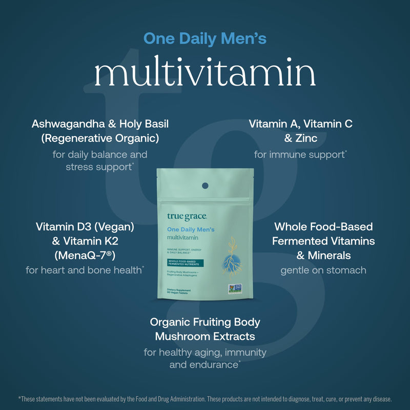 True Grace One Daily Men’s Multivitamin Fermented Minerals, Organic Adaptogens & Mushrooms Whole Body Balance Immune, Endurance, Bone & Heart Support - Non-GMO, Gluten Free - 90 Vegan Tablets 90 Day Supply