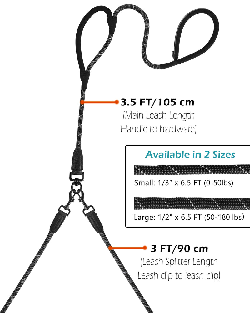 PetBonus Rope Double Dog Leash, No Tangle Dual Dog Leash, Reflective Walking Training Lead with Two Comfortable Padded Handles, 2 Dog Leash Coupler for Medium Large Dogs (1/2” x 6.5FT, Black) 1/2" x 6.5 FT (50~180 lbs.) - BeesActive Australia