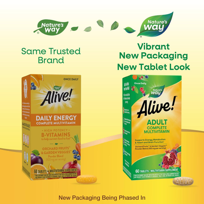 Nature's Way Alive! Adult Complete Multivitamin, B-Vitamins, 100 mg Fruits & Veggies Powder Blend per Serving, Heart, Bone & Immune Support*, Gluten Free, 60 Tablets (Packaging May Vary)