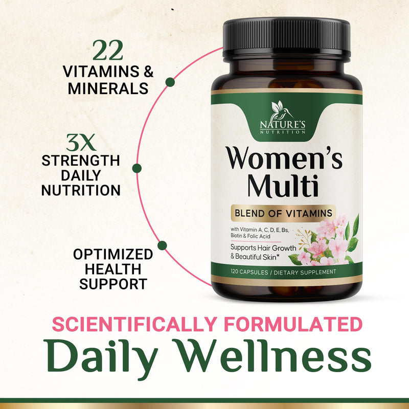 Multivitamin for Women - Complete Multi Vitamin with Vitamins A, C, D, E, B6, B12, Zinc, Calcium & Magnesium, Womens Daily Multimineral Supplement for Hair Skin and Nails Health Support - 120 Capsules 120 Count (Pack of 1)