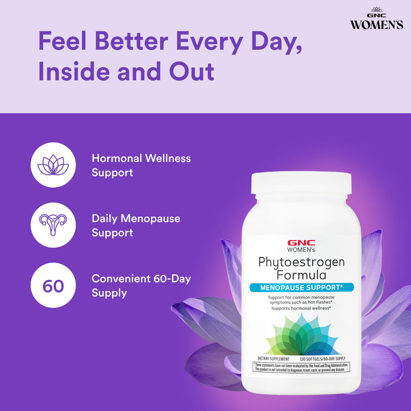 GNC Women's Phytoestrogen Formula, Menopause Symptom Relief, 120 Softgels | Supports Hormonal Wellness and Mood Balance, Helps Relieve Menopause Symptoms, Sodium Free and Starch Free