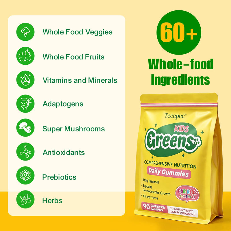 Greens Daily Gummies for Kids, Superfood Fruits and Veggies Blend with Spirulina, Chlorella, Prebiotics & Fiber, Adaptogens Multivitamin Supplement for Digestive Health, Non-GMO, 90 Count 90 Count (Pack of 1) Low Sugar