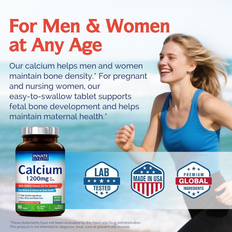 Innate Vitality Calcium 1200 mg with Vitamin D3, 5000IU Vitamin D3, Absorbable Calcium Supplement, Non GMO, No Gluten, for Bone, Immunity, 90 Tablets