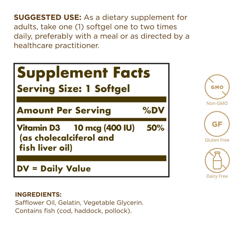 Solgar Vitamin D3 (Cholecalciferol) 10 mcg (400 IU) - 250 Softgels - Helps Maintain Healthy Bones & Teeth - Immune System Support - Non-GMO, Gluten Free, Dairy Free - 250 Servings