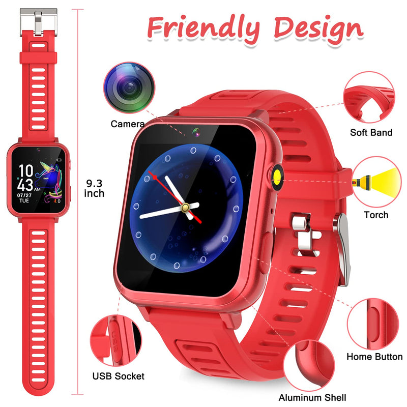 Wiszodet Smart Watch for Kids - Kids Smart Watch Girls Boys Gifts for 4-12 Years Old with 24 Games Camera Video Music Player Flashlight Alarm Clock Pedometer Birthday for Boys Girls Age 6 7 8 9 Red