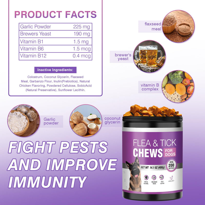 Dog Flea and Tick Chewable Tablets 200 Soft Chews Oral Supplement Chicken Flavor for Dogs All Breeds Sizes Ages Supports Skin Comfort and Daily Wellness Easy to Chew and Use for Routine Care