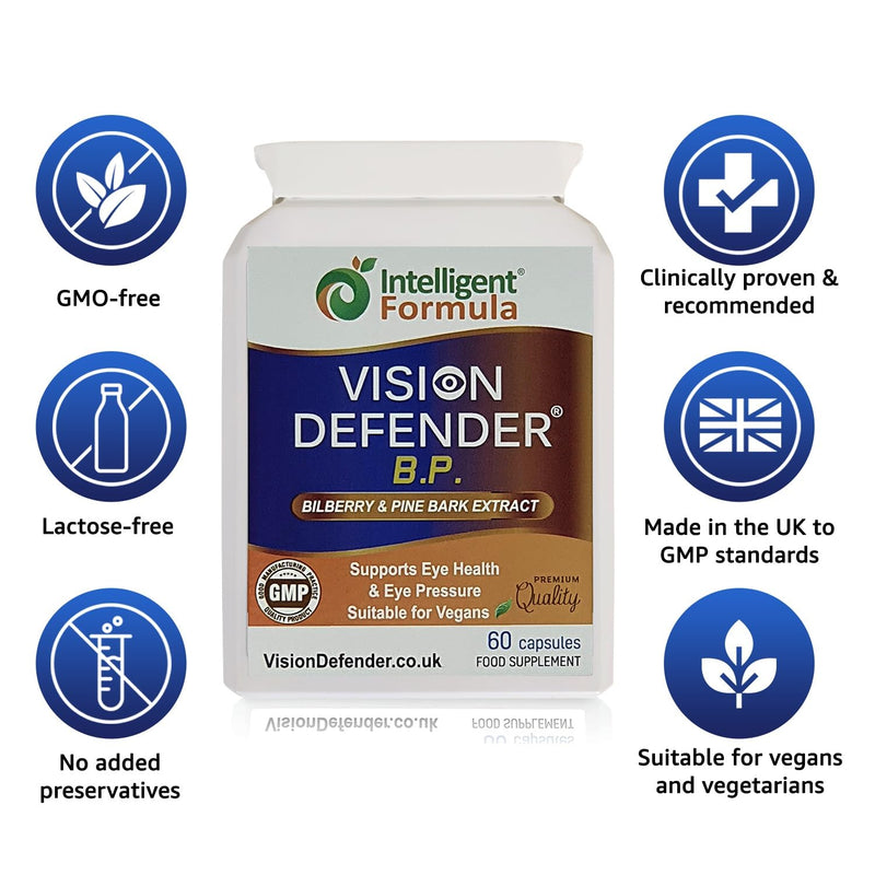 Vision Defender BP - Bilberry & Pine Bark Eye Supplement, 60 Vegan Capsules | Eye Pressure & Eye Health Support, Anthocyanin & Procyanidin Antioxidants, 1-2 a Day, 1-2 Month Supply, Gluten & Lactose Free