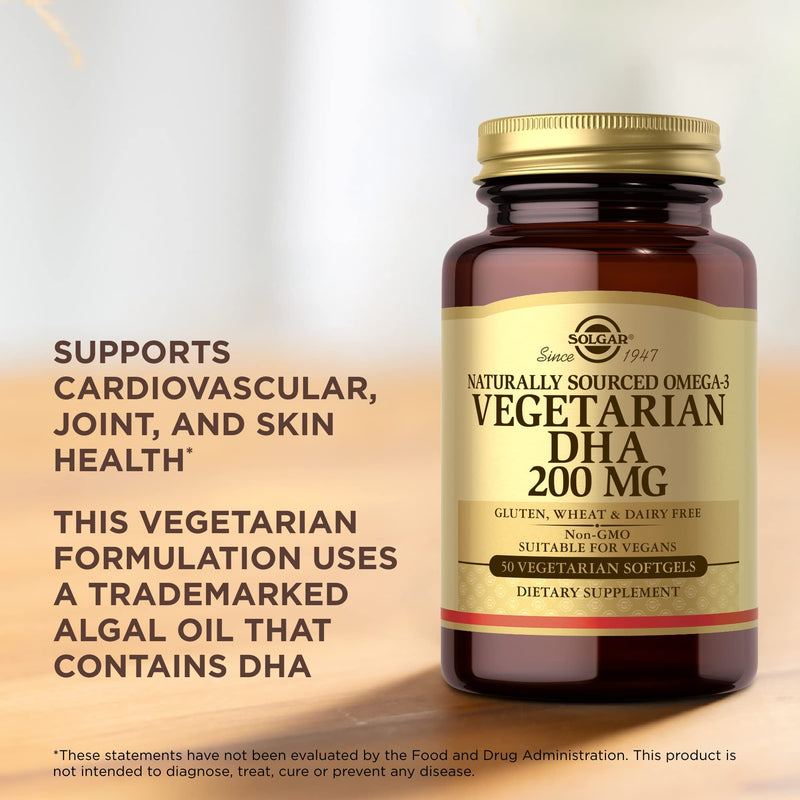 Solgar Vegetarian DHA 200 mg - 50 Vegetarian Softgels - Naturally Sourced Omega-3 - Vegan, Gluten Free, Dairy Free - 50 Servings - BeesActive Australia