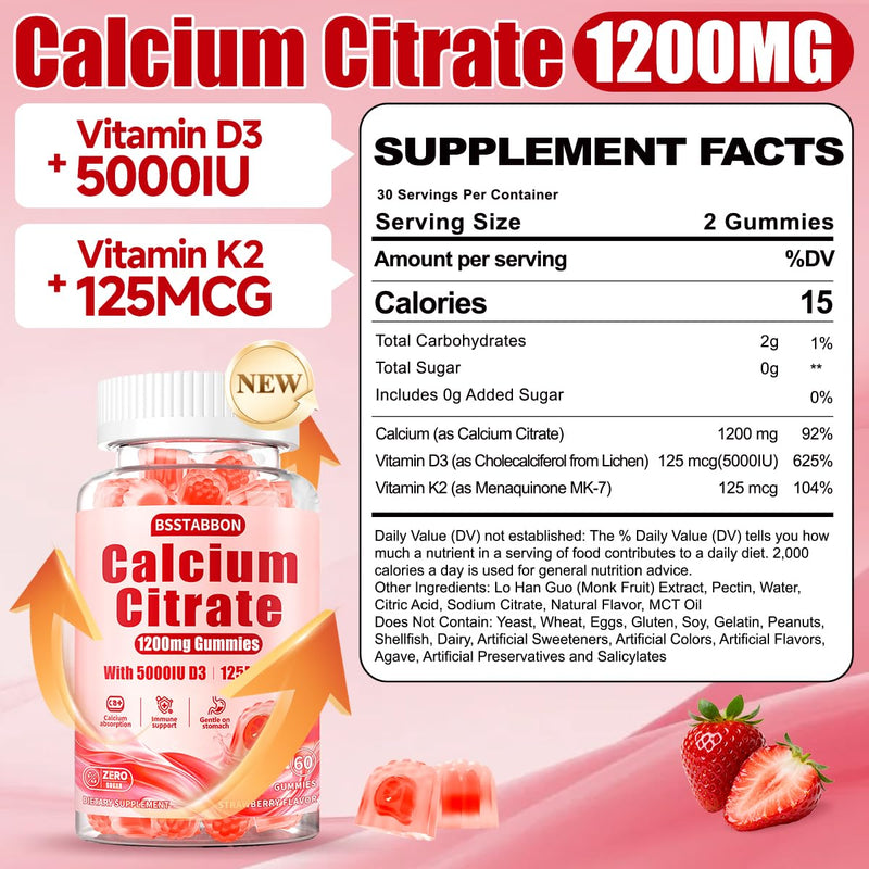 Calcium 1200 mg with Vitamin D3 Gummies: Calcium Citrate Gummies | Extra Strength with Vegan Vitamin D3 5000IU K2 125mcg - Organic Chewable Sugar Free - Easy to Digest for Adults (120Count) Strawberry 60 Count (Pack of 2)