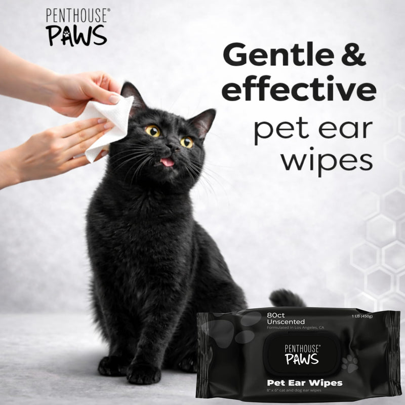 PENTHOUSE PAWS Pet Ear Wipes for Dogs & Cats, Unscented Ear Cleaning Wipes with Aloe Vera & Witch Hazel, Alcohol-Free Extra Large 8”x6” Wipes for Removing Wax, Dirt & Odor, 80 Count