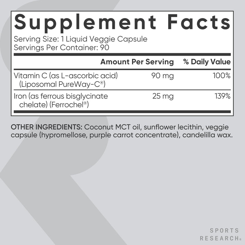 Sports Research® Iron 25mg with Vitamin C, 90 Liquid Capsules | Gentle on Stomach Iron Supplement with Liposomal Vitamin C | Supports Blood Iron Levels | Non-GMO, Vegan, Gluten Free