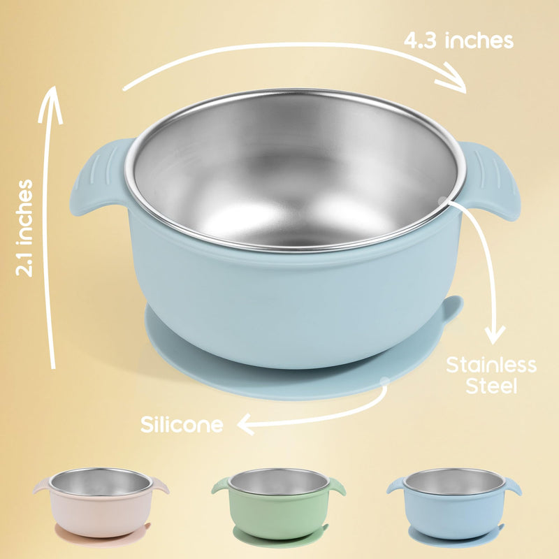 Bella's Friends Stainless Steel and Silicone Baby Bowls with Suction 3 Pack, 4.3‚Äù for Toddlers Kids Feeding, Non-Slip, Non-Toxic, Mess-Free, Dishwasher Safe, Fit High Chair Size, beige green blue