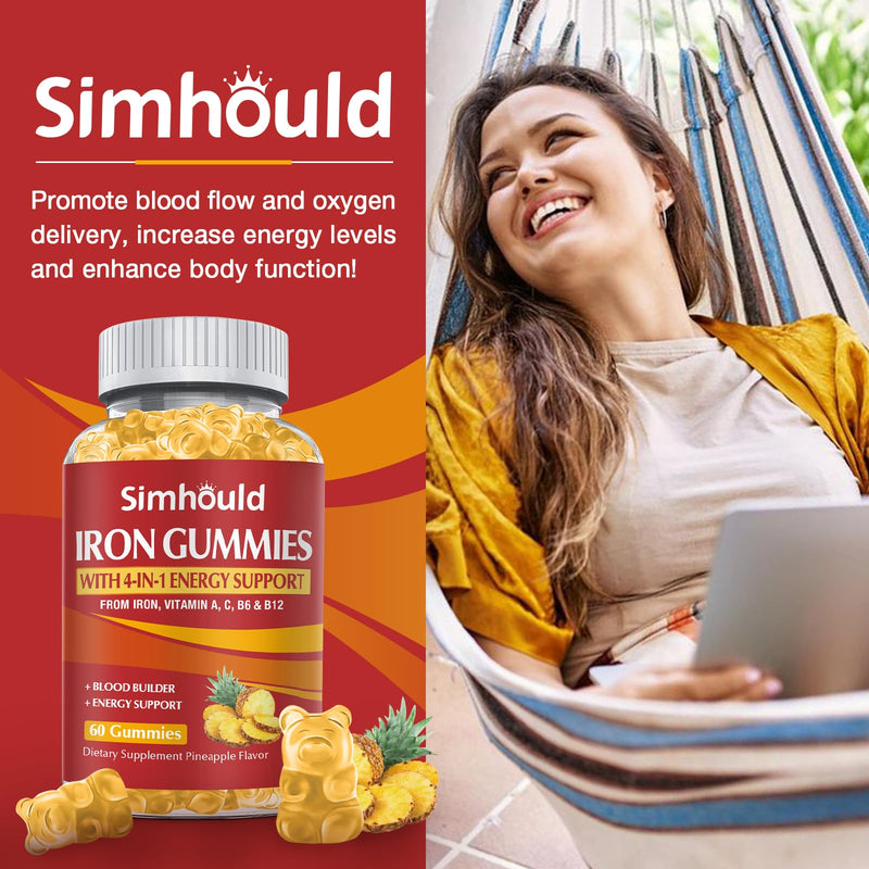 2 Pack Vegan 80MG Iron Supplement Gummies for Women & Men - Vitamin A, C, B for Adults & Kids - Blood & Builder & Energy Support for Iron Deficiency, Anemia, 120 Counts Pineapple Flavor Gummies Yellow - 2 Packs