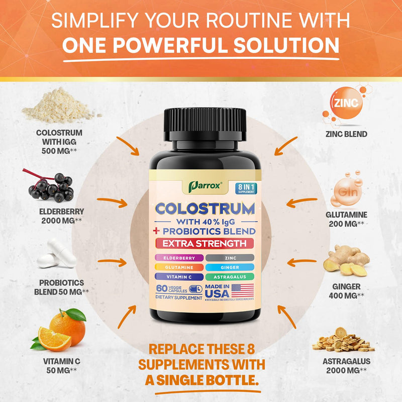 Colostrum Supplement Capsules, Grass Fed 40% IgG, 8-in-1, 180 Capsules | 8-in-1 Bovine Boost with Probiotics, Elderberry, Astragalus, Zinc, Ginger, Vitamin C & L-Glutamine 180 Count (Pack of 1)