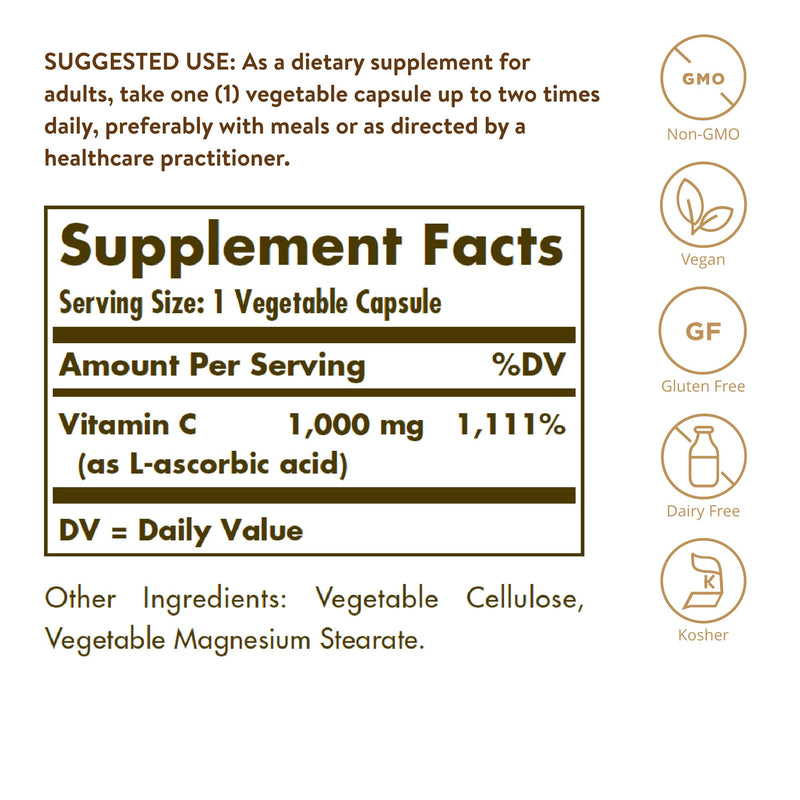 Solgar Vitamin C 1000 mg, 100 Vegetable Capsules - Antioxidant & Immune Support - Overall Health - Healthy Skin & Joints - Bioflavonoids Supplement - Non-GMO, Vegan, Gluten Free, Kosher - 100 Servings - BeesActive Australia