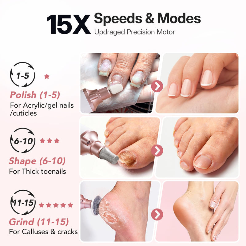 Litbear Electric Nail Drill File Set, 15 Speed Professional Nail Grinder for Thick Toenails, Cordless Pedicure Manicure Tool Callus Remover for Women Men Senior Hand Feet Care, Home Salon Use (White) White