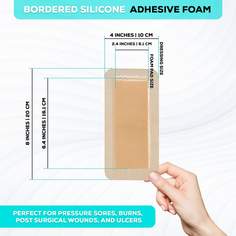 MedVance Bordered Adhesive Silicone Foam Dressing Pack of 10 - Waterproof Silicone Pad - Easy Apply & Remove Sterile Bandages - Wound Care & Dressings for Burns & More (4"x8" Bandage, 2.4"x 6.4" Pad) 4"x8" 10 Pack - BeesActive Australia