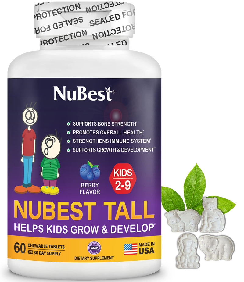 NuBest Tall Kids - Multivitamins & Minerals for Age 2 to 9 - Bone Strength & Immunity Support - Helps Kids, Toddlers Healthy - Animal Shapes - 60 Chewable Berry Tablets | 1 Month Supply Mixed Berries 60 Count (Pack of 1)