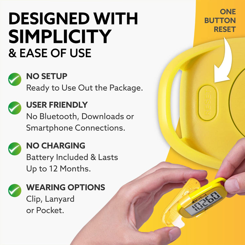 3DFitBud Simple Step Counter Walking 3D Pedometer by 3DActive with Clip, Lanyard Accurate Step Tracker Large Display, Easy to Use for Kids Men Women Adult Seniors Daily Step Tracking - A420S Yellow