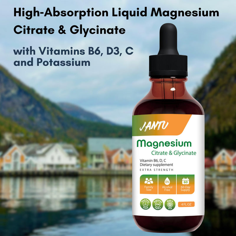 JANTU High‑Absorption Liquid Magnesium Citrate & Glycinate with Vitamins B6 D3 C & Potassium – Alcohol‑Free, Glycerin‑Based, Vegan, 60‑Day Supply – 4 oz