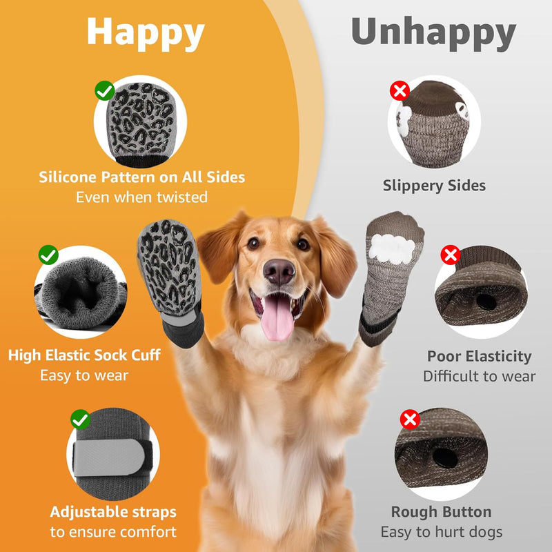Double Side Non Slip Dog Socks to Prevent Licking Paws, Dog Shoes for Winter Cold Hot Pavement Dog Booties, Night Reflection Paw Protectors for Hardwood Floors Traction Control Indoor 4 pack of Black Socks with Leopard anti-slip strip - BeesActive Australia