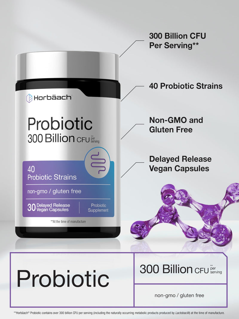 Horbäach Probiotics for Women and Men | 300 Billion CFU | 30 Capsules | 40 Probiotic Strains with Prebiotic |Vegan, Non-GMO & Gluten Free Supplement