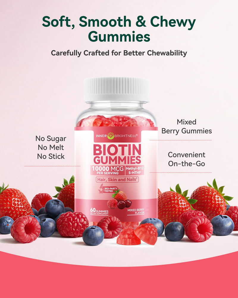 Inner Brightness Biotin 10,000mcg Gummies for Women - Hair Skin Nails | Hair, Skin & Nails Support with Vit C, D3, B12 & Folate - Sugar Free Mixed Berry Flavor, 120 Count (2 Pack Value) 60 Count (Pack of 2)