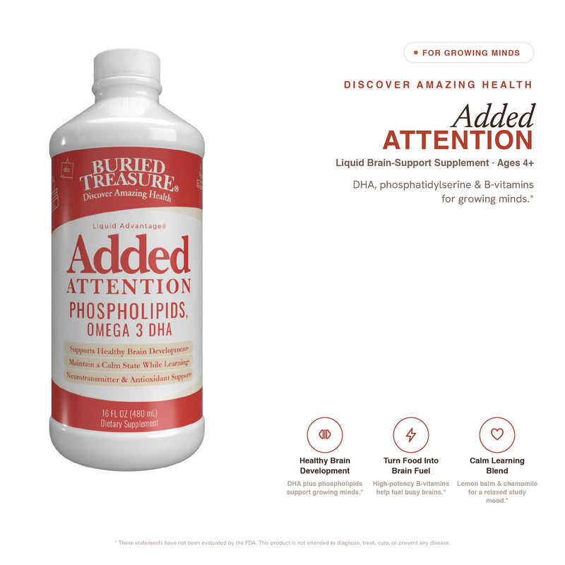 Buried Treasure - Added Attention - Children's Learning Support with GABA DHA Vitamin B and Herbal Blend - Aid Healthy Brain Functions - Improved Short-Term Auditory Memory Focus & Behavior 16.54 oz