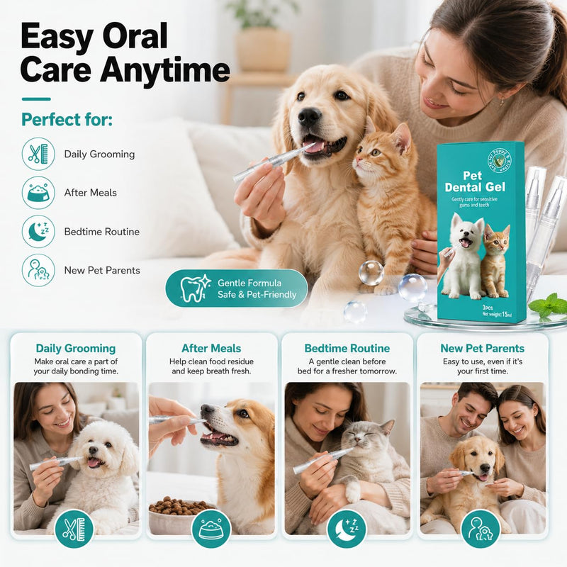 Pet Teeth Cleaning Gel for Dogs and Cats, 3 Pcs – Remove Bad Breath, Plaque & Tartar – No Brushing Needed, Fresh Breath Spray Alternative – Gentle Oral Care for Puppies, Kittens, Small & Large Pets white