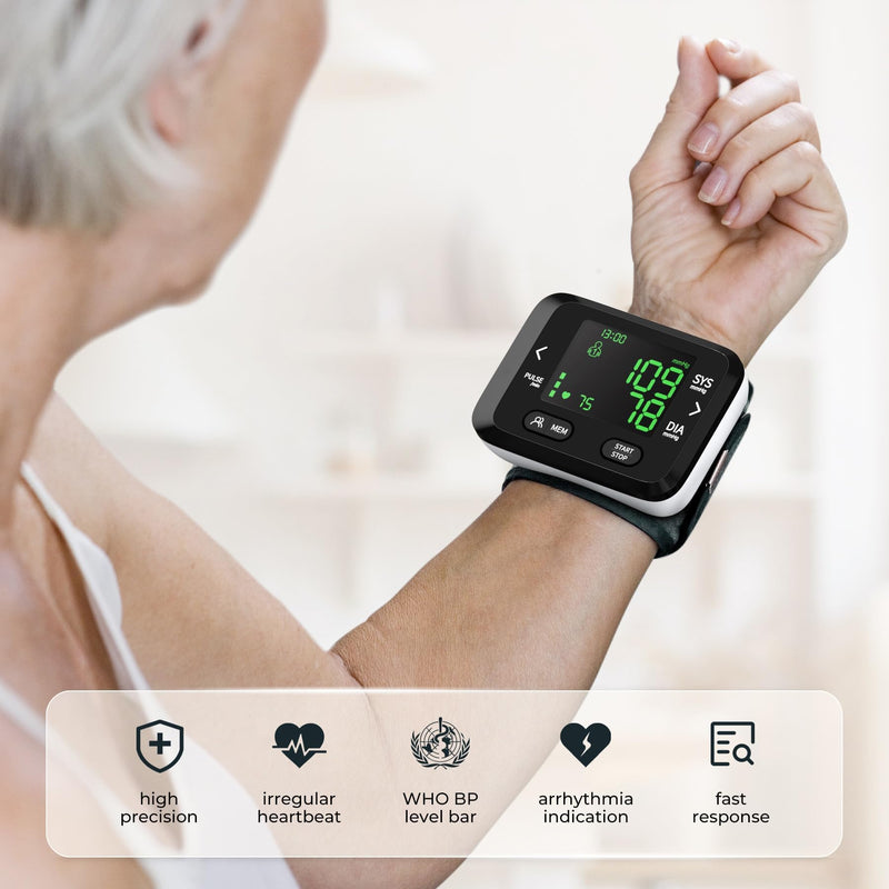 Blood Pressure Monitor Wrist Automatic BP Machine Adjustable Cuff 198 Memory Readings Large Backlit LCD Display with Carrying Storage Bag for Home Use, Medium, Black - BeesActive Australia