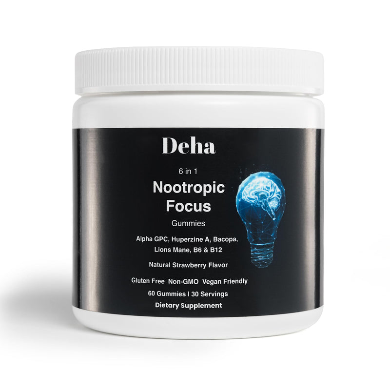 Deha Focus Gummies Nootropic Brain Supplement with Vitamin B6 Vitamin B12, Alpha GPC, Huperzine A, Bacopa Monnieri, Lions Mane Mushroom Gummies – Vegan, Non-GMO, Gluten-Free – 60 Gummies