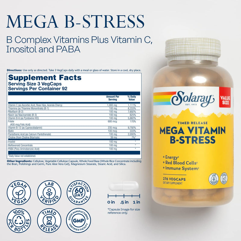 SOLARAY Mega Vitamin B-Stress - Timed Release Vitamin B Complex w/Vitamin B12, B6, Folic Acid, VIT. C - Stress, Energy, Red Blood Cell, Immune Support - Vegan, 60-Day Guarantee (276 CT) | Daily vitamin supplement in an easy-to-use format