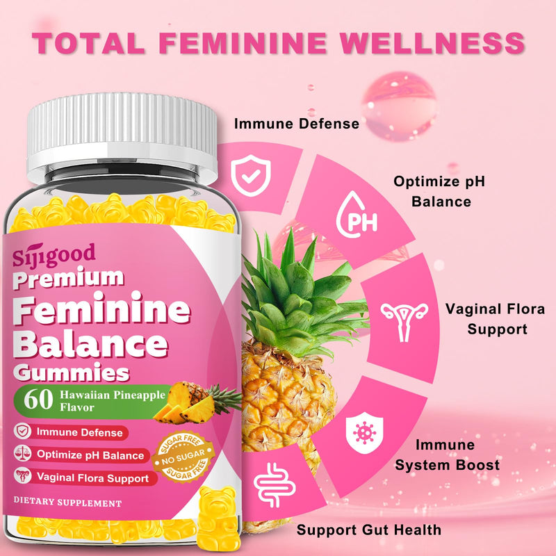 Sugar Free Premium Feminine Balance Gummies for Women, 60 Count | PH Balance Supplement with Vitamin C & D For Women's Vaginal Health & Immune Support, Vegan, Pineapple Flavor 60 Count (Pack of 1)