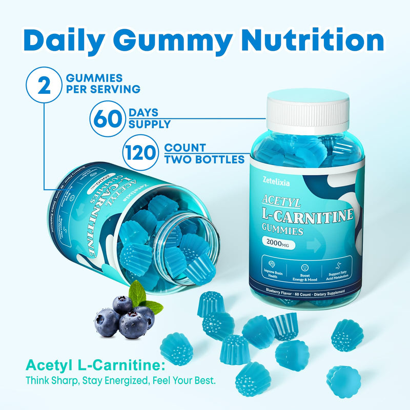 2 Pack Sugar Free Acetyl L-Carnitine Gummies, L-Carnitine Supplement for Women & Men, with Vitamin C & B12, ALCAR for Energy, Brain & Heart Health Support, Vegan, Non-GMO, 120 Count 60 Count (Pack of 2)