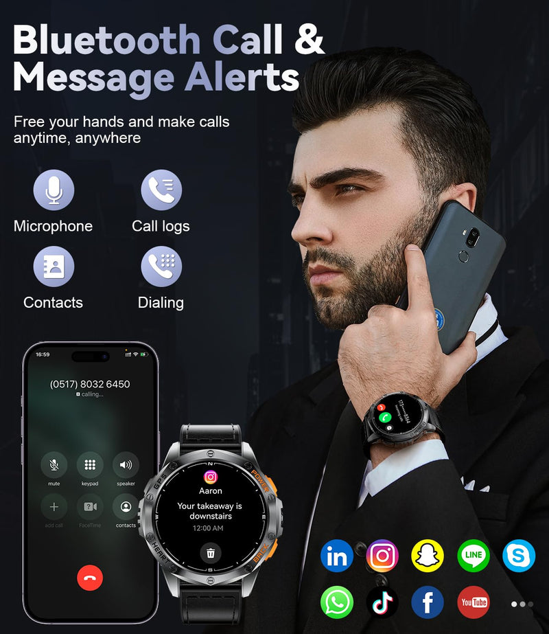 LIGE GPS Smart Watches for Men, Bluetooth Call, LED Flashlight, Compass, 1.43" AMOLED Fitness Watch with Heart Rate/Sleep Monitor, 100+ Sports Modes, iOS Android Compatible, Military Outdoor, Black DM1-E