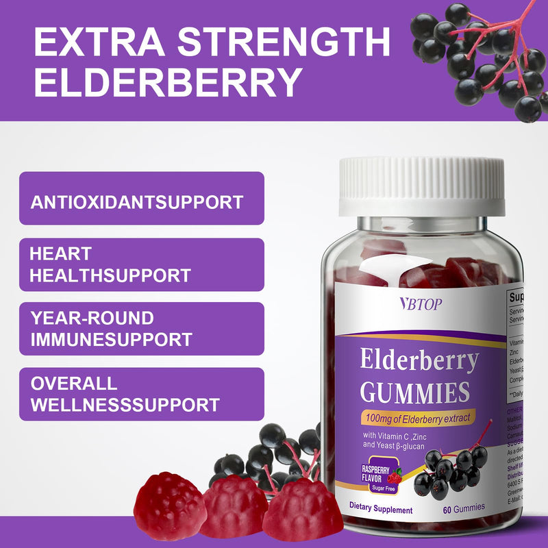 Sambucus Elderberry Immune Gummies, 5-in-1 with Vitamin C & Zinc, 120 Count | Sugar Free Elderberry Supplement for Adults & Kids 4+, Gluten Free & Vegetarian 2 bottle