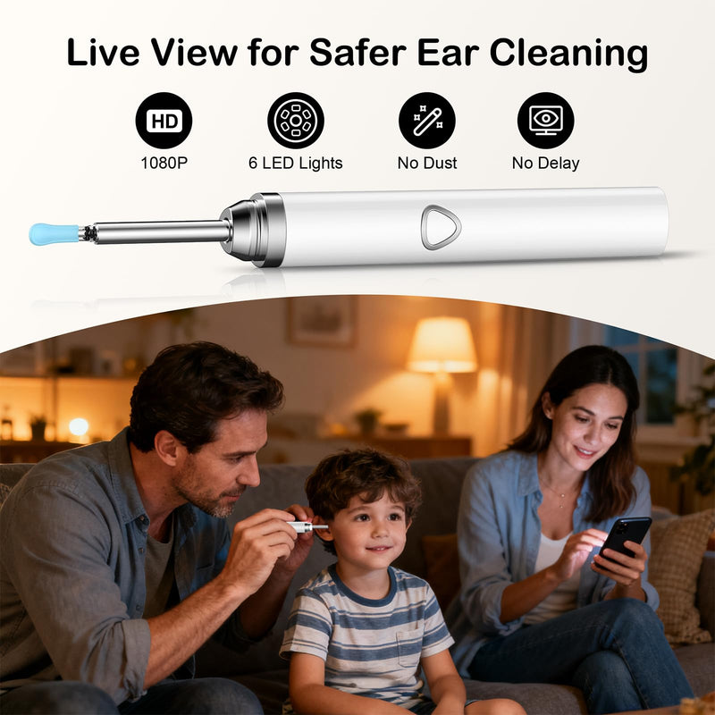 Ear Wax Removal Tool Camera，Wireless Ear Cleaner with Camera 1080P, Earwax Removal Kit with 6 LED Light 5 Replacement Ear Spoon, Ear Camera for iOS & Android (White) White - BeesActive Australia