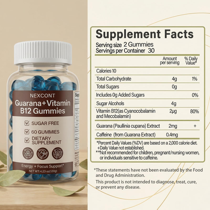 B12 Gummies Dietary Supplement B12 Gummy with Guarana Extract, Supports Energy & Focus, Sugar Free, 30 Day Supply, 60 Count.