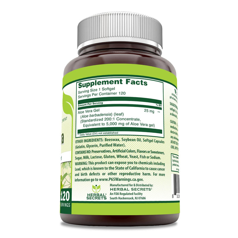 Herbal Secrets Aloe Vera 25 Mg Concentrate 200:1 | 5000 Mg Equivalent | 120 Softgels | Non-GMO | Gluten-Free | Made in USA 120 Count (Pack of 1)
