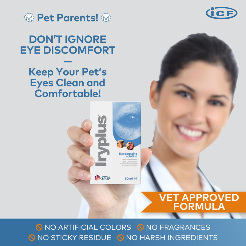 ICF | Iryplus Eye Solution for Dogs and Cats | Gentle Cleansing & Soothing Formula | Removes Secretions, Scabs & Mucus Around Eye | Chamomile | 50ml