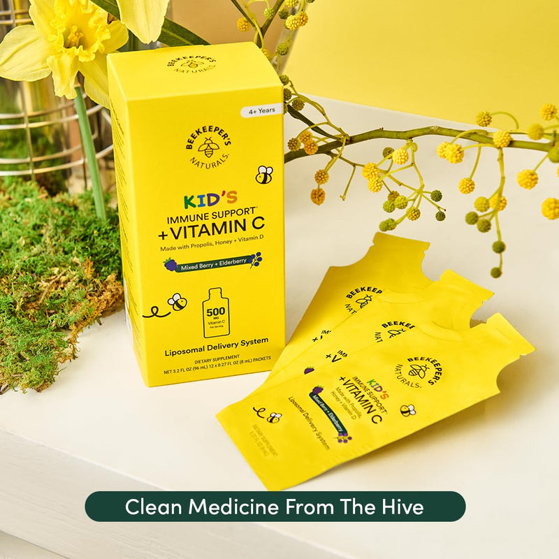 Beekeeper's Naturals Kid's Immune Liposomal Vitamin C, Mixed Berry, 30 Ct | 500 mg Vitamin C, Elderberry, Vitamin D, Propolis & Honey, Easy to Use Kids 30 Packets