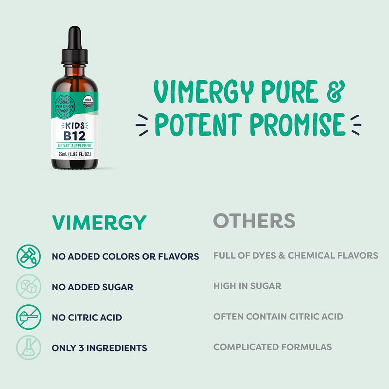 Vimergy Kids Liquid B12 Supplement, Organic Non-GMO, 55 mL, 138+ Servings | Brain & Nerve Health*, Strong Bone and Red Blood Cell Support*, Promotes Cell Metabolism & DNA production*, Fast-Absorbing 1.85 Fl Oz (Pack of 1)