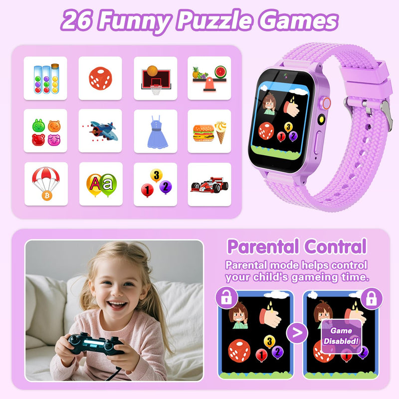 Smart Watch for Kids Girl Gift Ages 3-12, 2 Screen Protector, 26 Puzzle Games, HD Camera Video Music Player Touchscreen Pedometer, Educationtal Toy Brithday Gifts for Girl Ages 4 5 6 7 8 9 10(Purple) Purple - BeesActive Australia