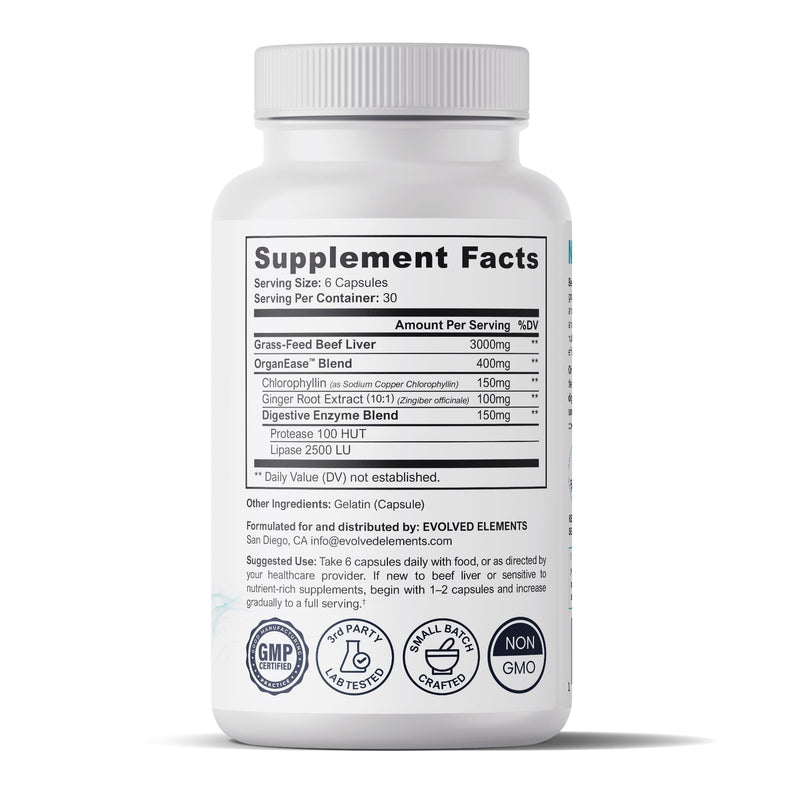 Beef Liver Capsules — Zero Nausea, Zero Burps — OrganEase: Sodium Copper Chlorophyllin + Enzymes Stop Off-Gassing — Thyroid Support: Selenium, B12, Iron, Vitamin A — 3,000mg, 180ct