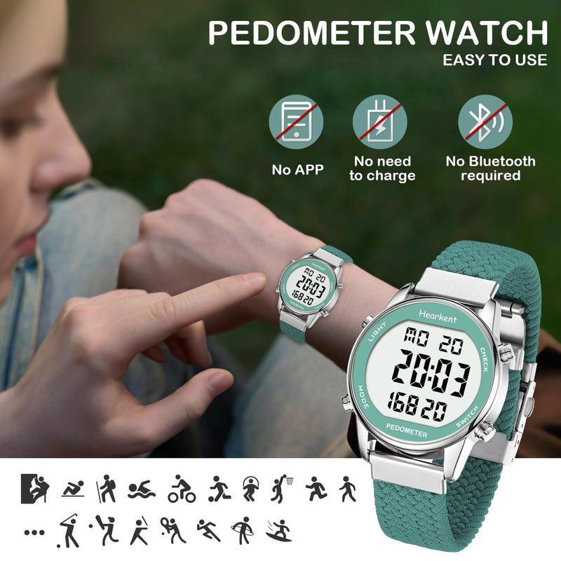 Hearkent Women Pedometer Watch for Walking Steps and Miles-Step Counter for Calories,30M Waterproof-EL Backlight-Countdown-Stopwatch-No App Step Tracker for Adults Seniors Green